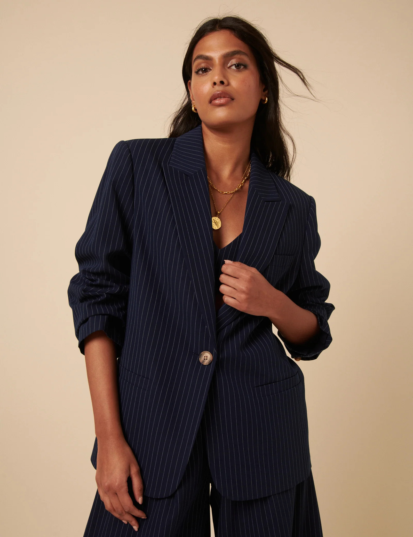 Poppy Delevingne Navy Pinstripe Cara Blazer | Nobody's Child