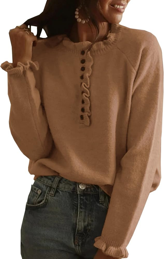 ECOWISH Womens Crew Neck Long Sleeve Oversized Sweaters Casual Solid Color Button Down Sweater Ruffl | Amazon (US)