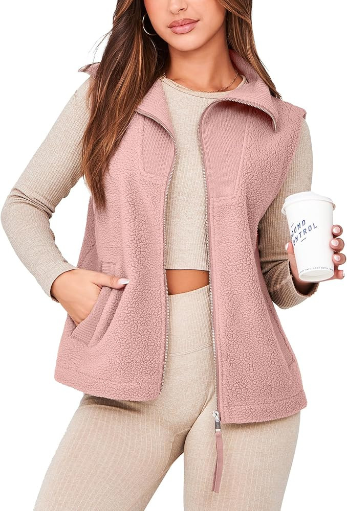 Glamaker Womens Fleece Vest Top Sleeveless Fuzzy Zip Up V Neck Sherpa Jacket Casual Outwear with ... | Amazon (US)