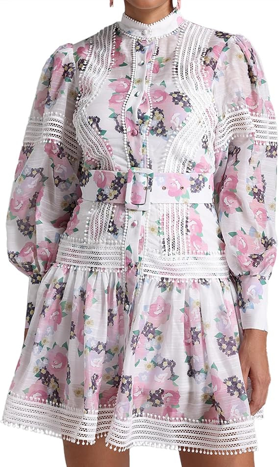 Floral Dress for Women Chiffon Dress Puff Sleeve Lace Dress Mock Neck Midi Dress | Amazon (US)