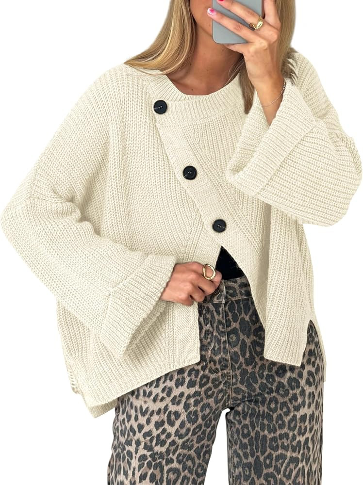 Balimtoy Chunky Cardigan Sweaters for Women Long Sleeve Crewneck Button Down Loose Pullover Sweat... | Amazon (US)