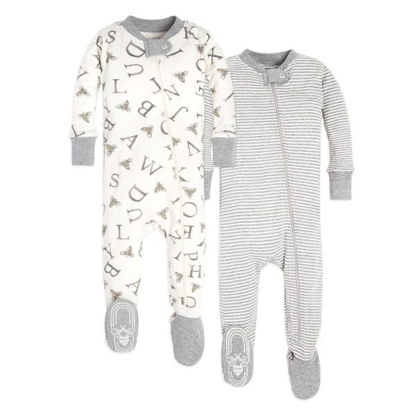 A-Bee-C and Stripes Organic Baby Zip Front Snug Fit Footed Pajamas 2 Pack | Burts Bees Baby