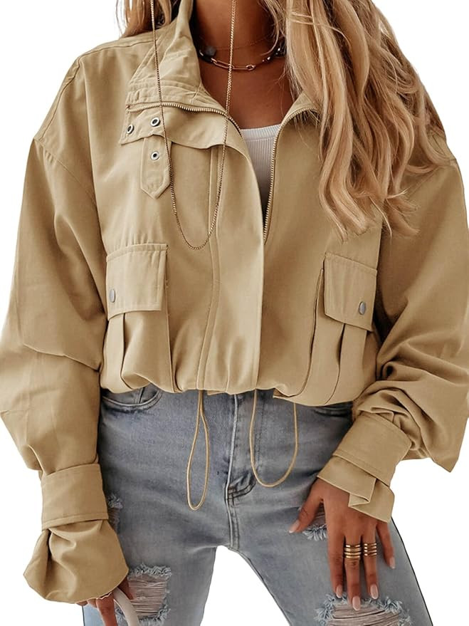 Tankaneo Womens Cropped Bomber Jacket Long Sleeve Zip Up Casual Coats Loose Fit Outerwear with Po... | Amazon (US)