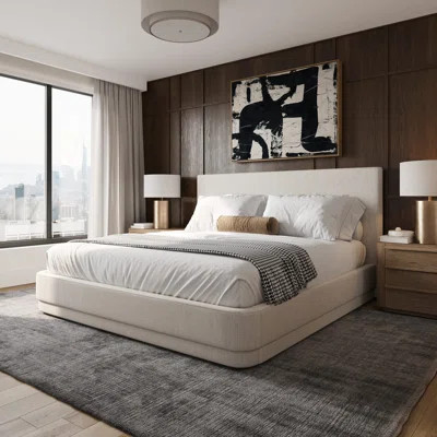 Modern Upholstered Platform Bed – Premium Cream Fabric, 48" Tall Upholstered Headboard | Wayfair North America