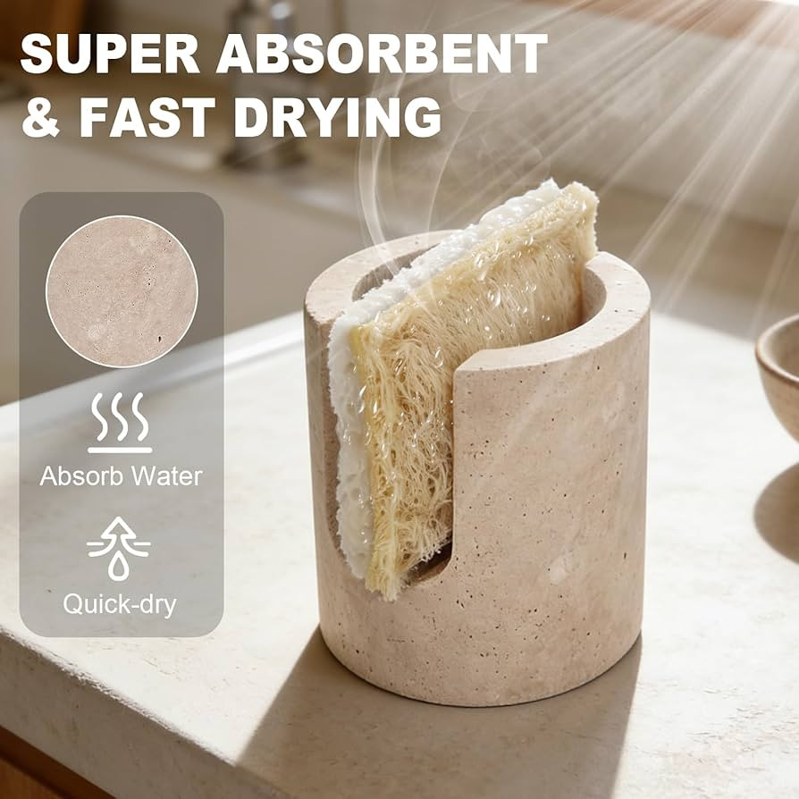 Natural Travertine Sponge Holder for Kitchen Sink Counter w A Plant-Based Kitchen Sponge, Fast Dr... | Amazon (US)