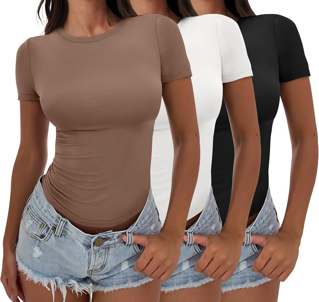 ANRABESS Women’s 3 Pack Short Sleeve Shirts 2025 Crop Tops Tight Fitted Basic Tees Workout T Sh... | Amazon (US)