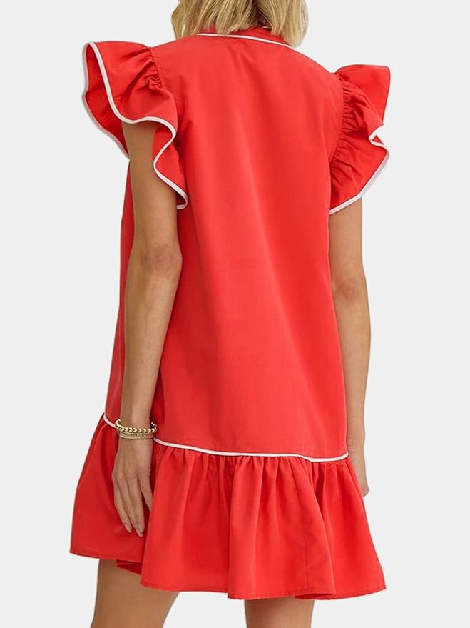 HOULENGS Women's Summer Ruffle Cap Sleeve Flowy Short Dresses Button Down V Neck A Line Babydoll ... | Amazon (US)