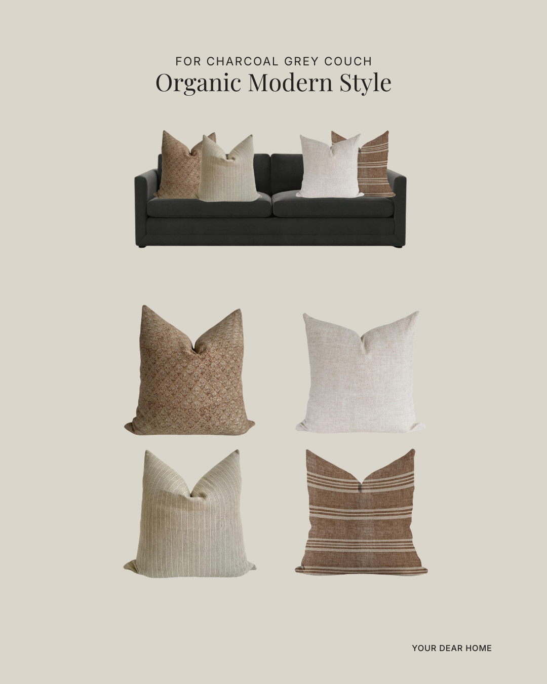 Layering different shades of beige and taupe works beautifully on charcoal because the dark base makes the lighter pillows pop.

Notice how the patterns are subtle but not identical. That’s what keeps it designer and not boring. 

 #LTKHome