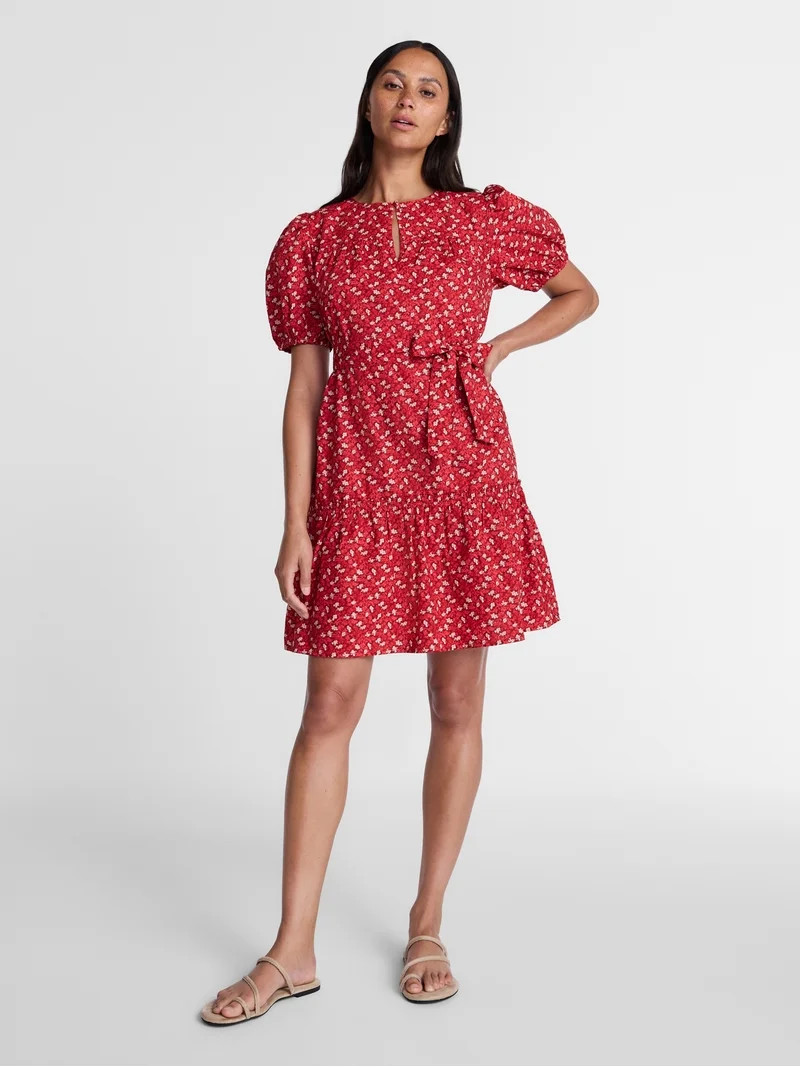 Time and Tru Women's and Women's Plus Cotton Mini Dress with Puff Sleeves, Sizes XS-4X | Walmart (US)