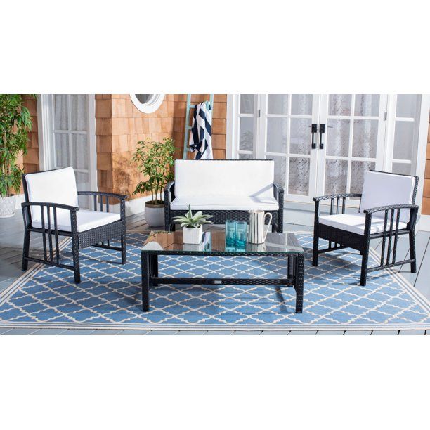 Safavieh Reslor Outdoor Patio 4 Pc Living Set - Black/White Cushion - Walmart.com | Walmart (US)