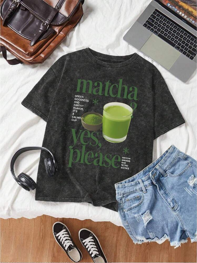 Plus Size - Plus Size - Women's Retro Washed Matcha Letter Print T-Shirt - Green Tea Design, Matcha Powder And Matcha Latte Art, Soft Casual T-Shirt For Tea Lovers, Spring/Summer Wear - Perfect Gift, Tea Lover's Clothing - Unisex Comfortable Vintage Street Style Loose-Fit Washed T-Shirt | SHEIN