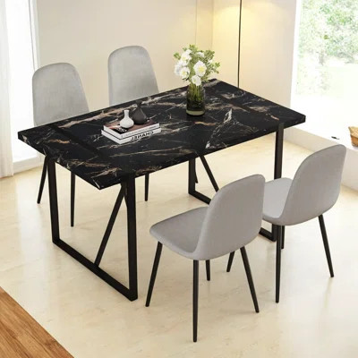 Modern Black Marble-Pattern MDF Dining Table Set - 55"x31.4", with 4 Light Gray Linen Chairs | Wayfair North America