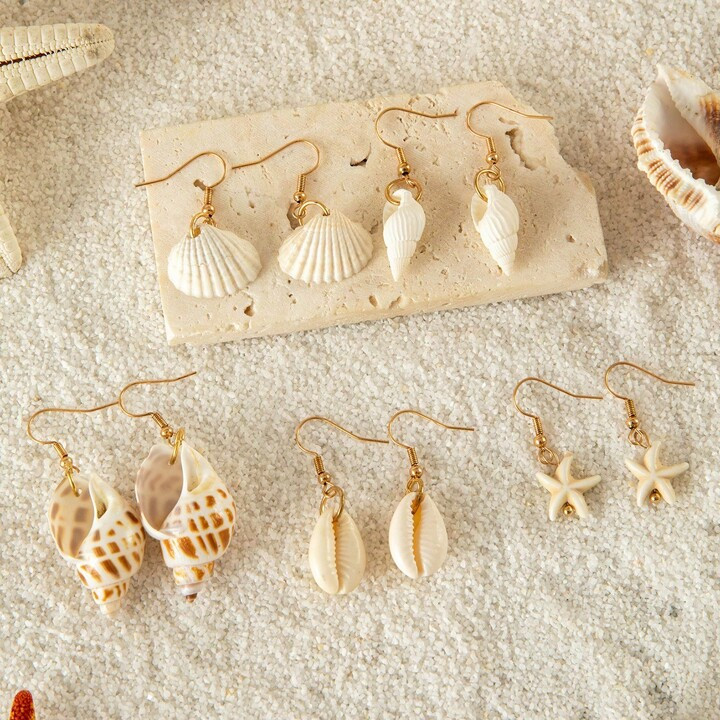 10pcs Boho Shell, Starfish Earring Set, Beach Style Seashell, Fan & Conch Dangle Earrings Jewelry For Women | SHEIN