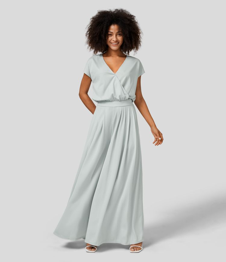 V Neck Short Sleeve Plicated Side Pocket Wide Leg Flowy Waffle Casual Jumpsuit | HALARA