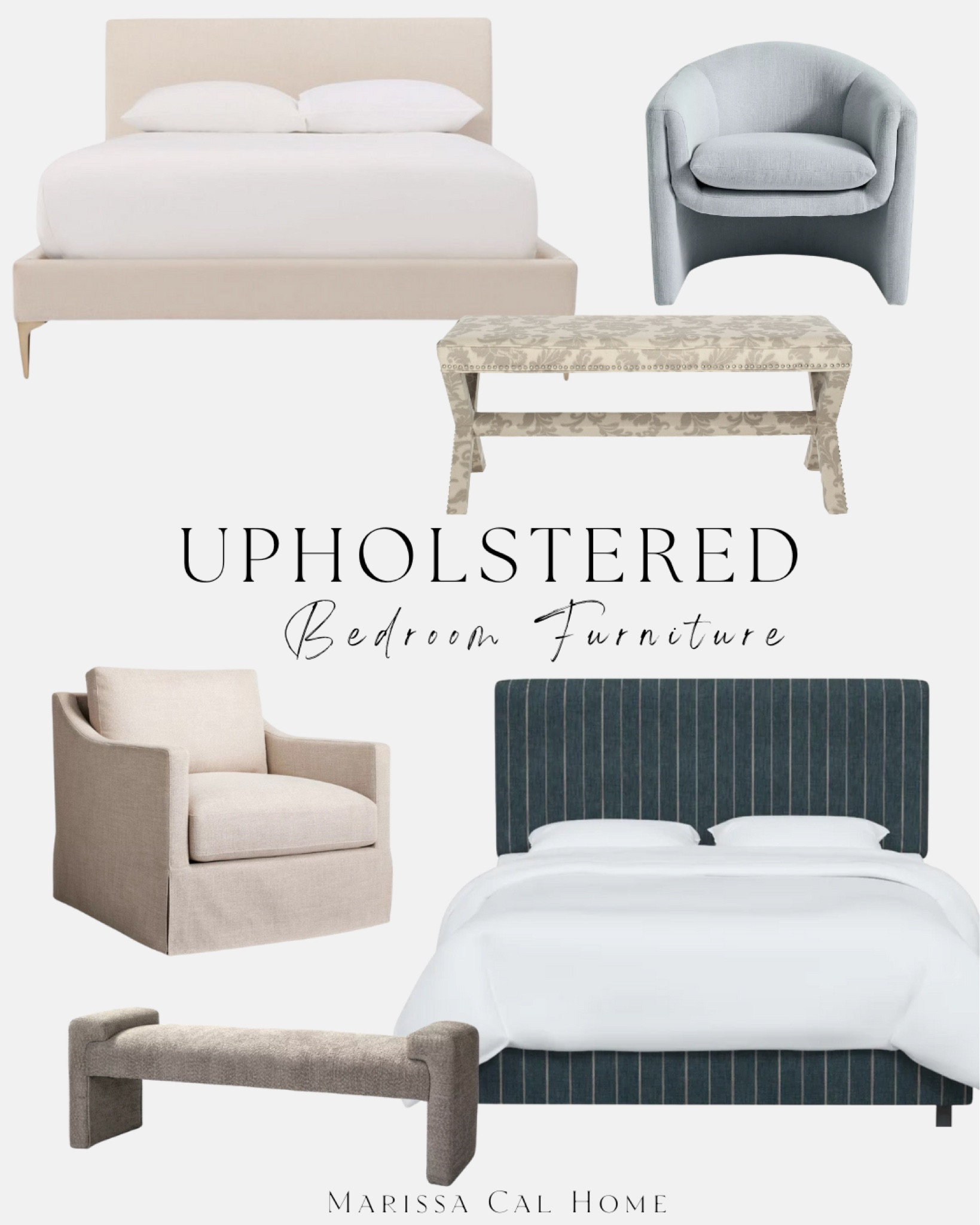 Classic upholstered bed // bedroom furniture // chairs for bedroom // linen look // pinstripe bed // bedroom benches // mix and match furniture 

#LTKhome