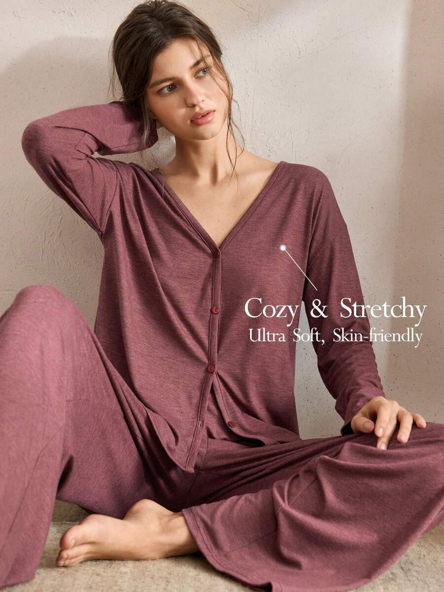 Ocili Minimalist Comfortable Collarless Soft Women Lounge Set Sleep Wear Women Loose V Neck Loung... | SHEIN
