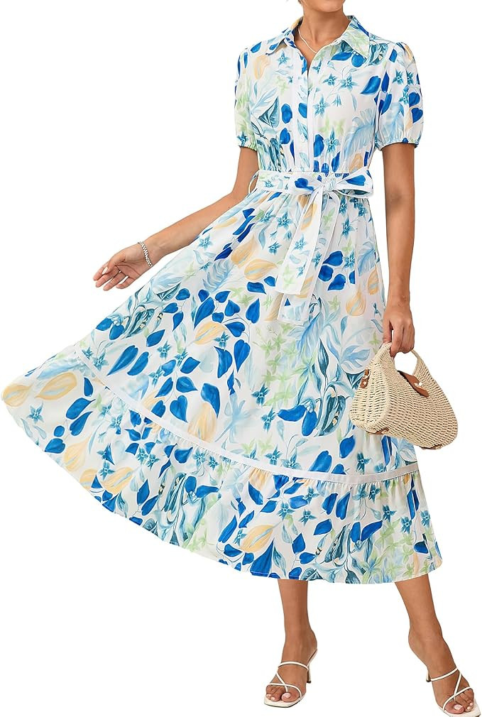 GRACE KARIN Women Summer Floral Maxi Dresses 2026 Wedding Guest Puff Sleeve Shirt Sundresses Boho... | Amazon (US)