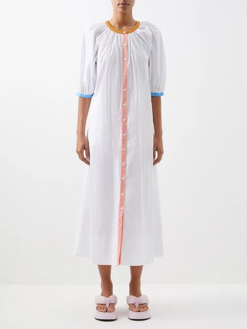 Staud - Vincent Gathered Cotton-blend Poplin Dress - Womens - White Multi | Matches (US)