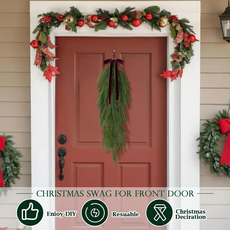 laqbezok 4 Pack 24 Inch Christmas Teardrop Swags, Burgundy Christmas Wreath with Rustic Velvet Ri... | Walmart (US)