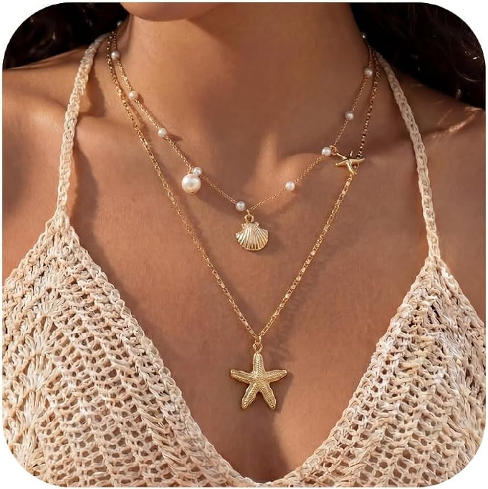 Shell Starfish Necklace for Women, Gold Plated Boho Layered Pendant Necklace with Pearl Conch Cha... | Amazon (US)