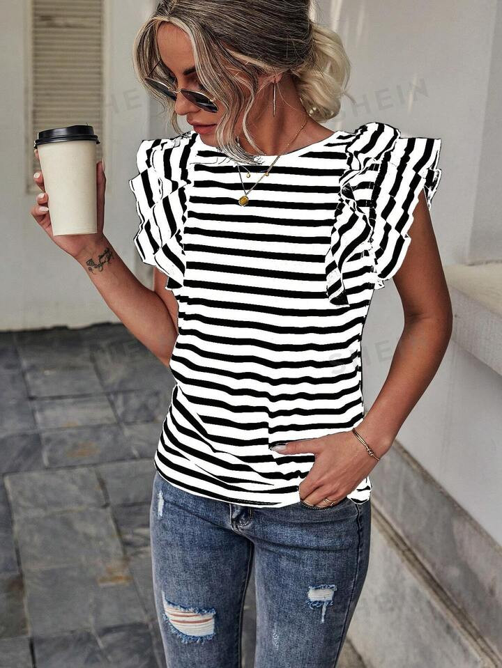 SHEIN LUNE Women's Summer Casual Striped Round Neck Cap Sleeve Tee | SHEIN