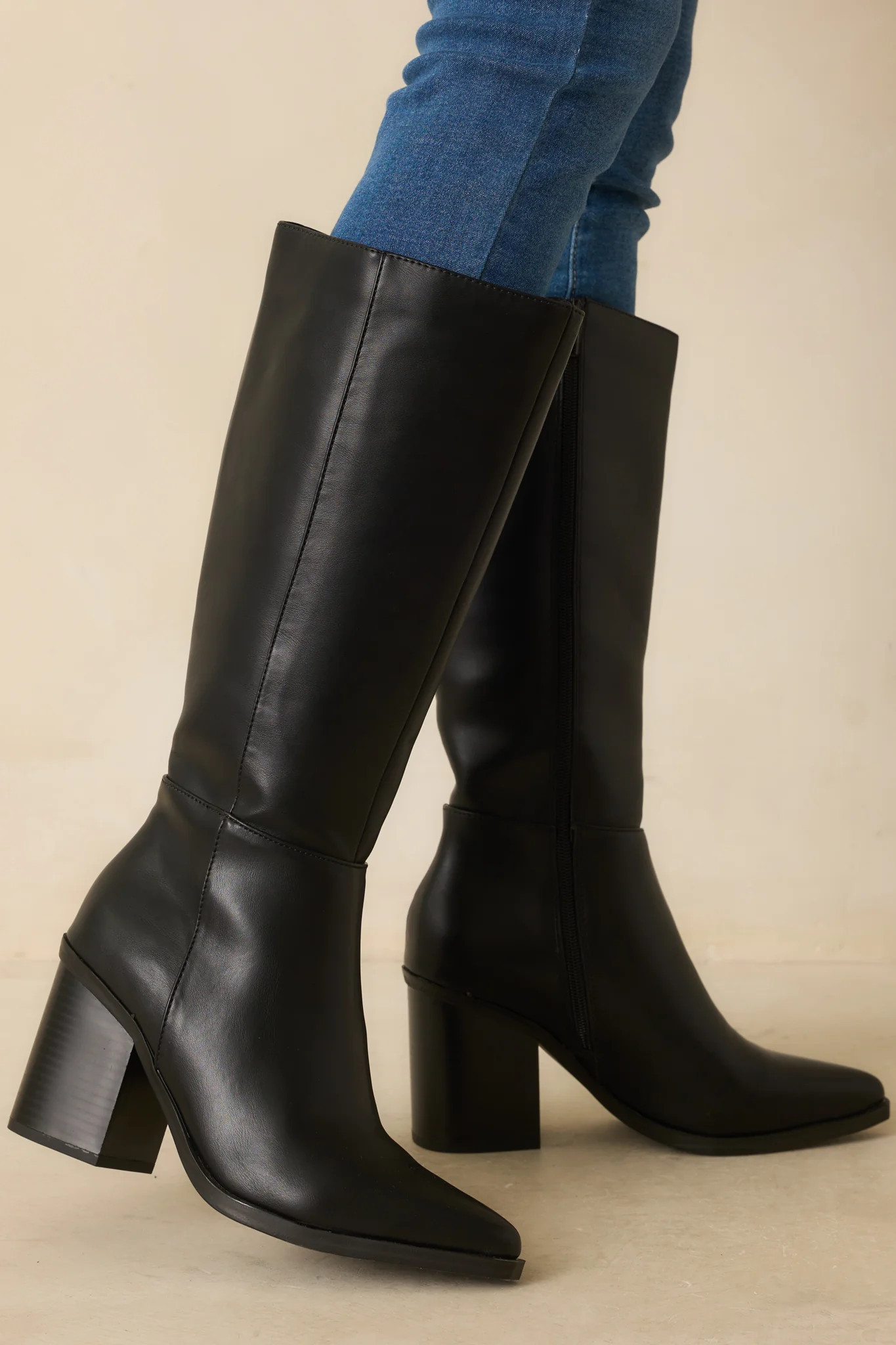 On The Right Foot Black Faux Leather Knee High Boots | Red Dress