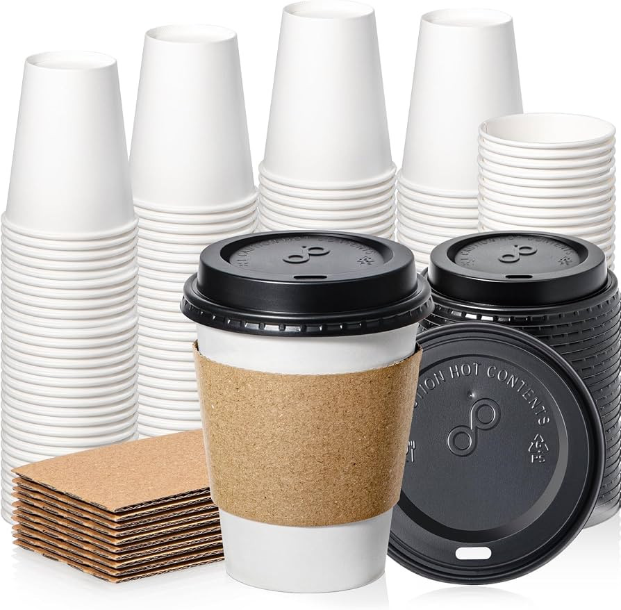 Fit Meal Prep 100 Pack 12 oz Disposable Coffee Cups with Lids, Sleeves, Leak-Proof To Go Coffee C... | Amazon (US)
