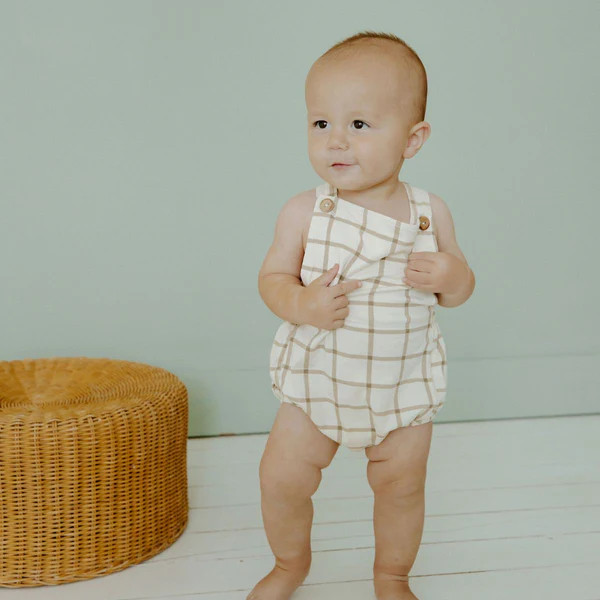 Overall Romper in Tan Plaid | ChubbyBubbyBear