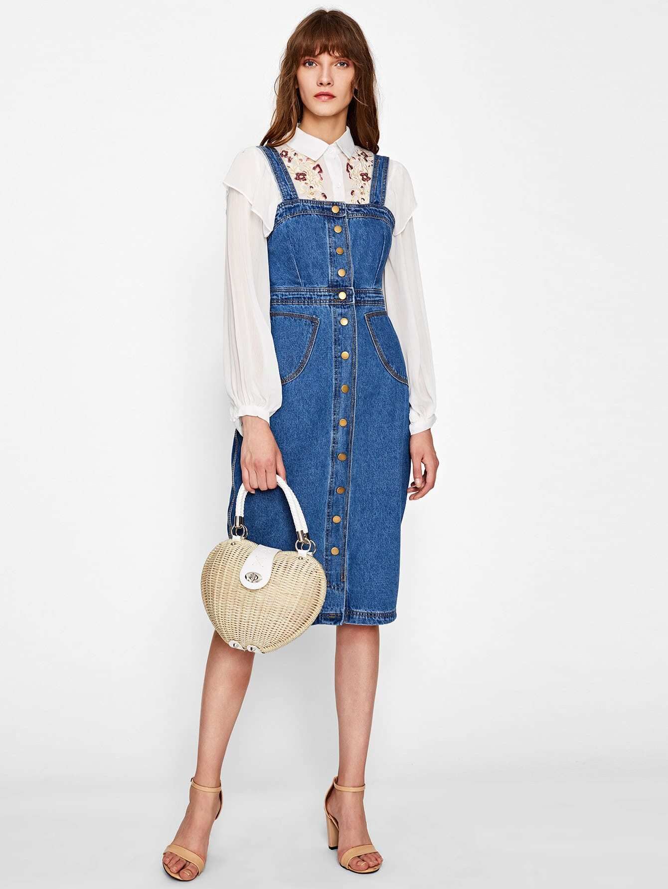 Button Front Strap Denim Overall Dress | ROMWE