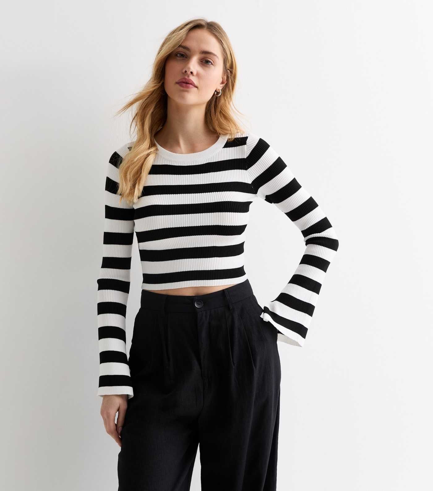White Stripe Ribbed Knit Flared Sleeve Crop Jumper
						
						Add to Saved Items
						Remove f... | New Look (UK)