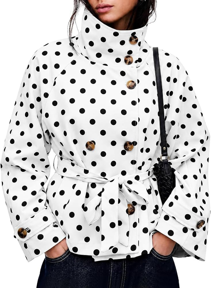 Tankaneo Womens Polka Dot Cropped Trench Coats Trendy Casual Short Jackets | Amazon (US)