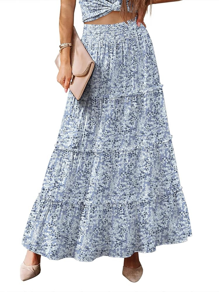 Women’s Summer Boho Maxi Skirts Smocked High Wasited Flowy Tiered Ruffle A Line Long Beach Skir... | Amazon (US)