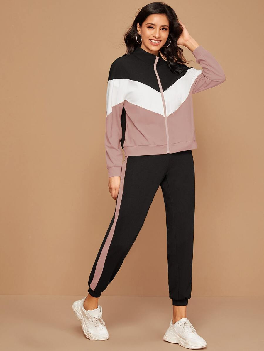 SHEIN Zip Up Chevron Colorblock Sweatshirt & Joggers Set | SHEIN