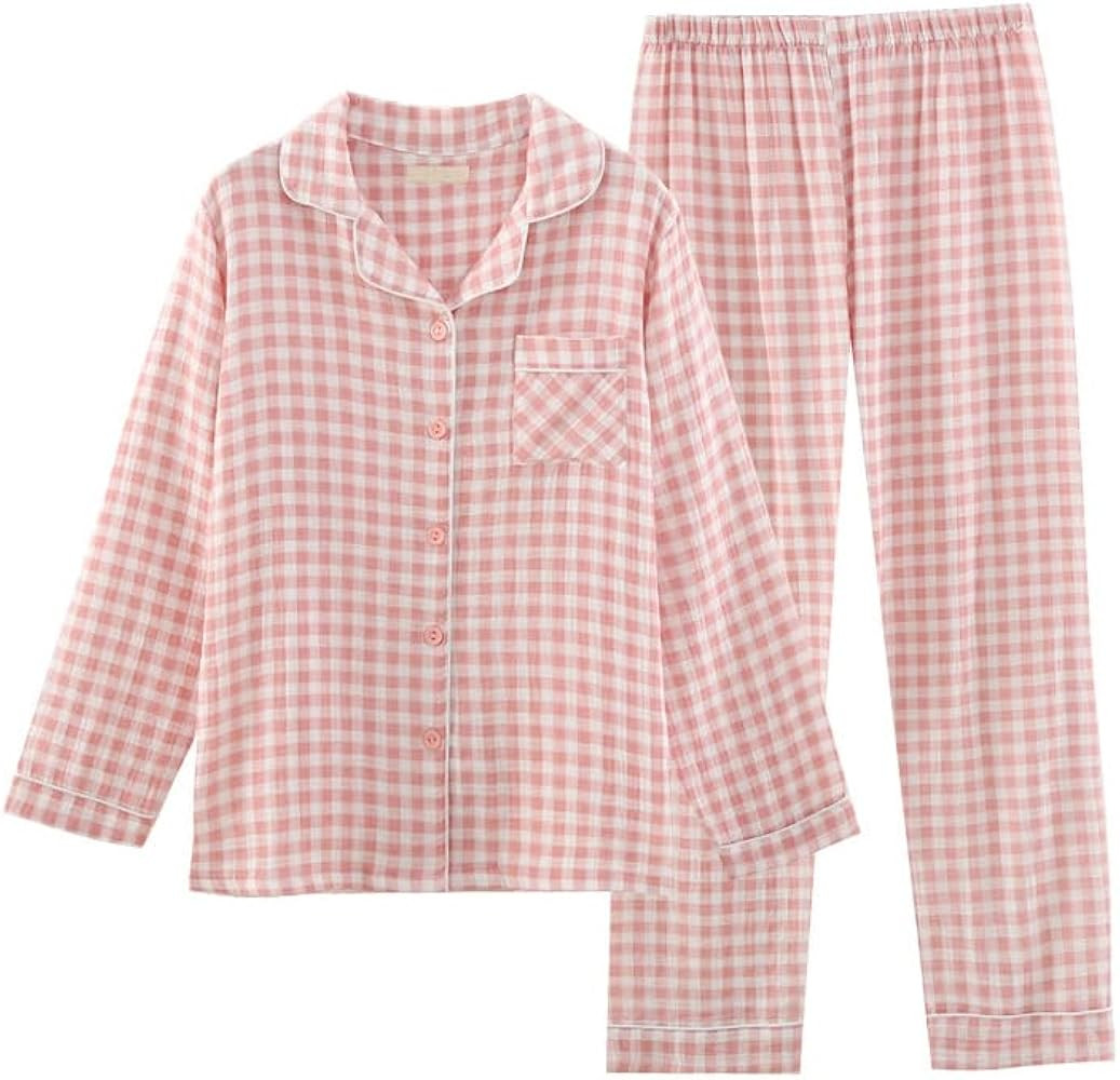 Womens Cotton Pajama Sets Long Sleeve Button Down Sleepwear Ankle Pants 2 Piece Gingham Pj Set | Amazon (US)