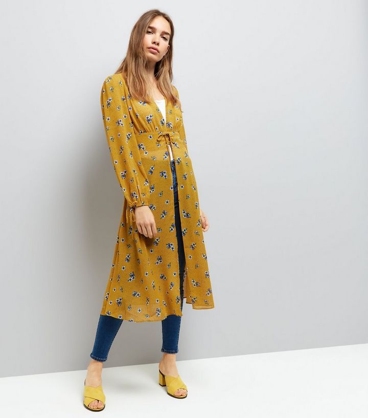 Yellow Floral Print Tie Waist Kimono | New Look (UK)