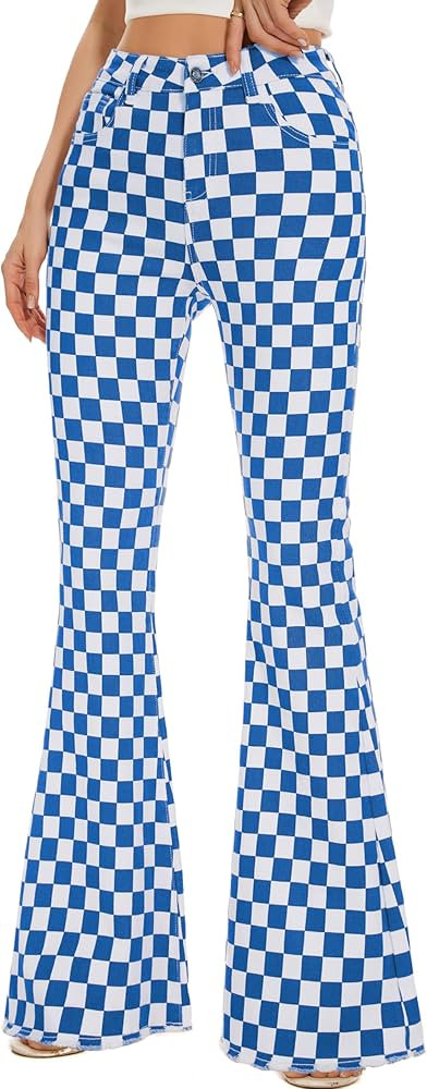 Bell Bottom Jeans for Women High Waisted Stretch Plaid Flare Jeans Denim Bootcut Pants | Amazon (US)