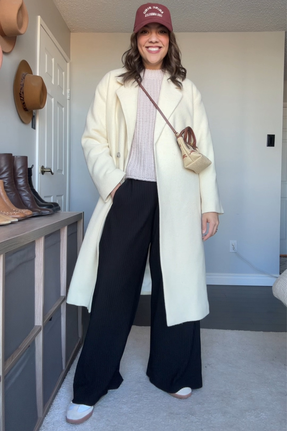 Styling wide leg pants!
-Black pleated wide leg pants from COS, I have a medium. 
-Beige knit sweater, similar linked. 
-Cream wool belted coat, similar linked. 
-Adidas samba sneakers. 
-Longchamp mini bag. 
-Anine Bing burgundy baseball cap. 


#LTKMostLoved #LTKSeasonal #LTKstyletip