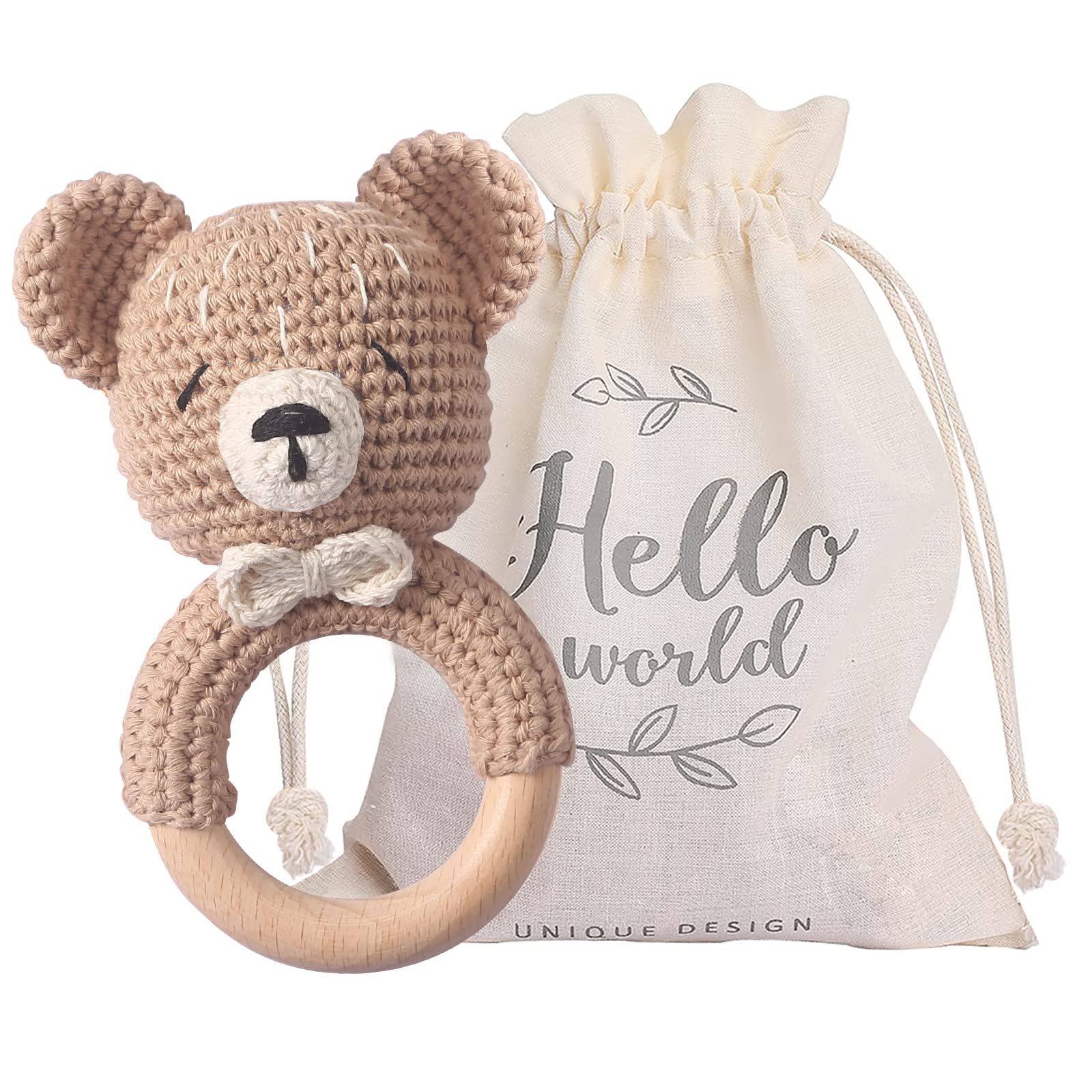 Wooden Baby Rattle Crochet Bear Baby Toys Handmade Newborn Toy Early Development Grips Stuffed An... | Amazon (US)
