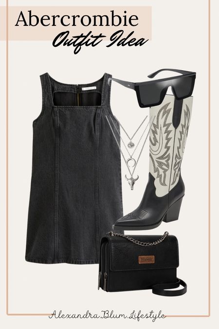 Denim black dress from Abercrombie perfect for spring outfits! Western country concert outfit idea! White knee high boots, black crossbody purse, and country western layered necklace! 



#LTKfindsunder100 #LTKshoecrush #LTKFestival