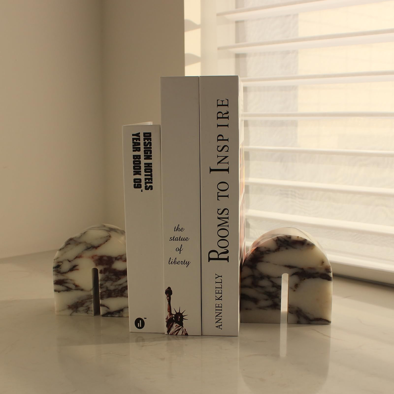 Set of 2 Natural Calacatta Viola Marble Bookends for Shelves, Decorative Book Ends for Heavy Book... | Amazon (US)