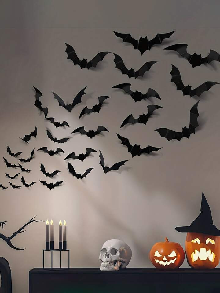 1set 24pcs Halloween Bat Decoration Wall Sticker, PVC 3d Horror Bat Decal With Foam Tape, Indoor/... | SHEIN