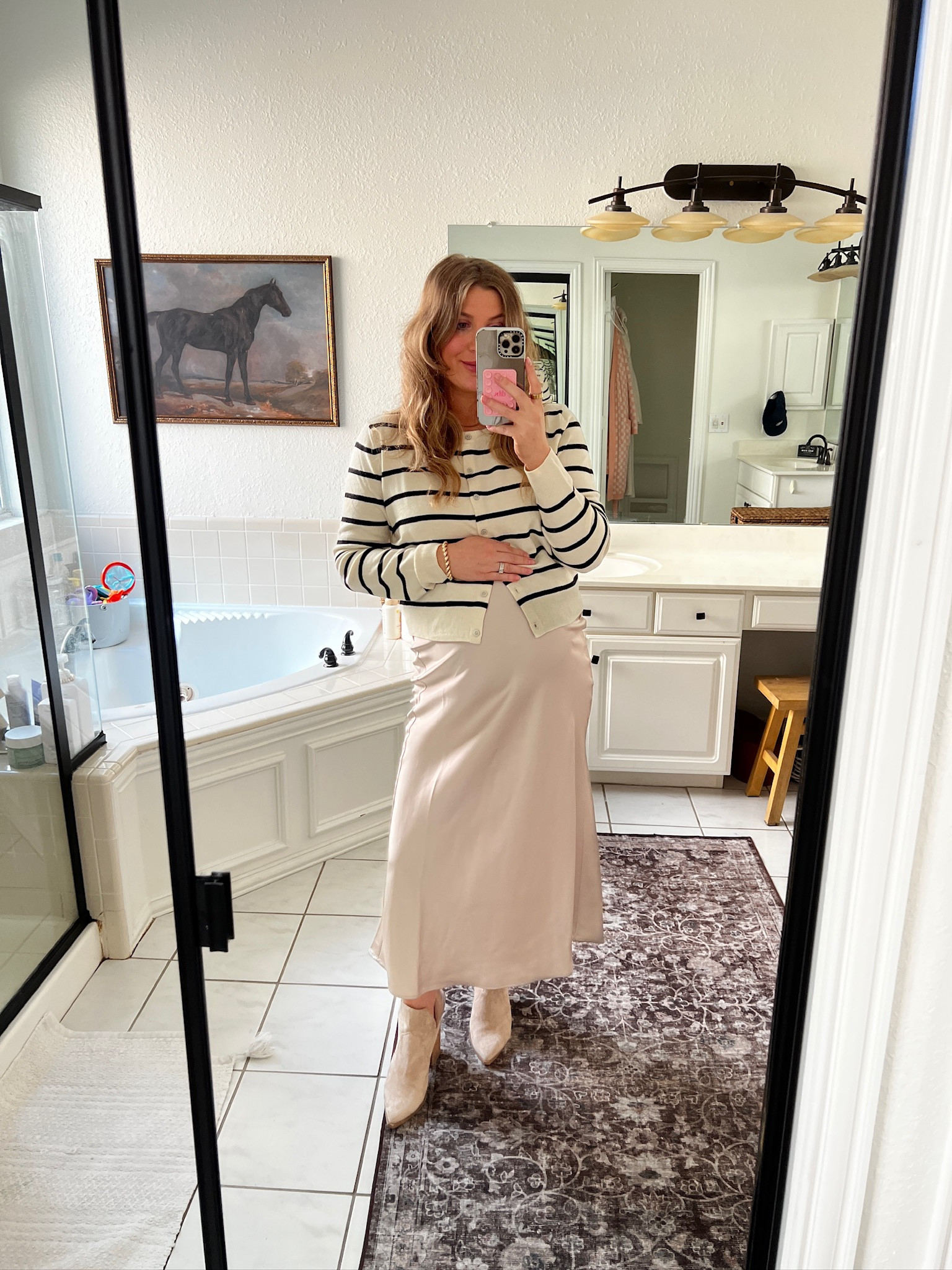 This Target cardigan is under $20 and still in stock! 

Linked similar skirt & booties

Maternity outfit, mom outfit, midi skirt, satin skirt, striped cardigan 

#LTKBump #LTKFindsUnder50