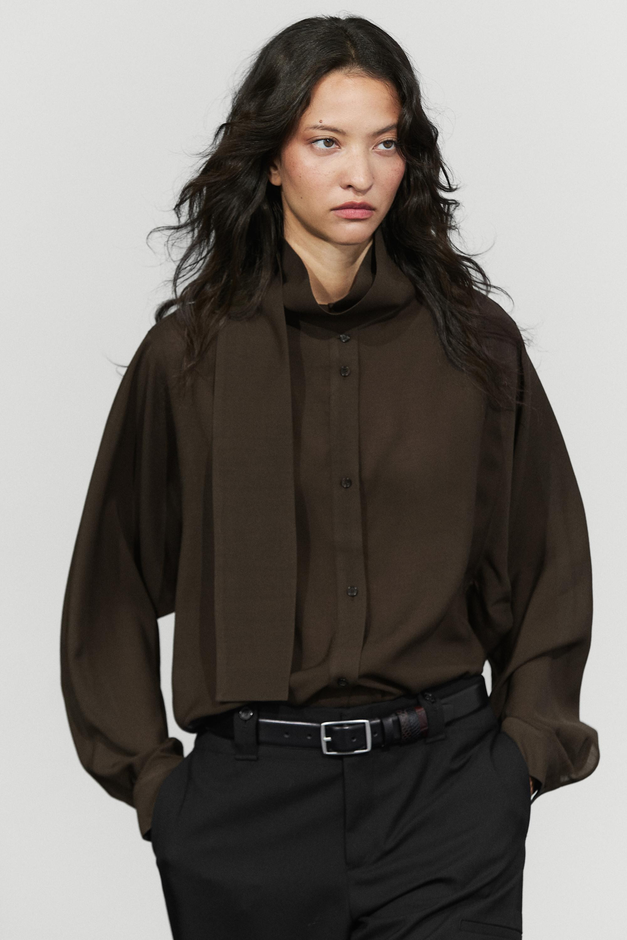 Semi-sheer shirt with tie detail | Massimo Dutti UK