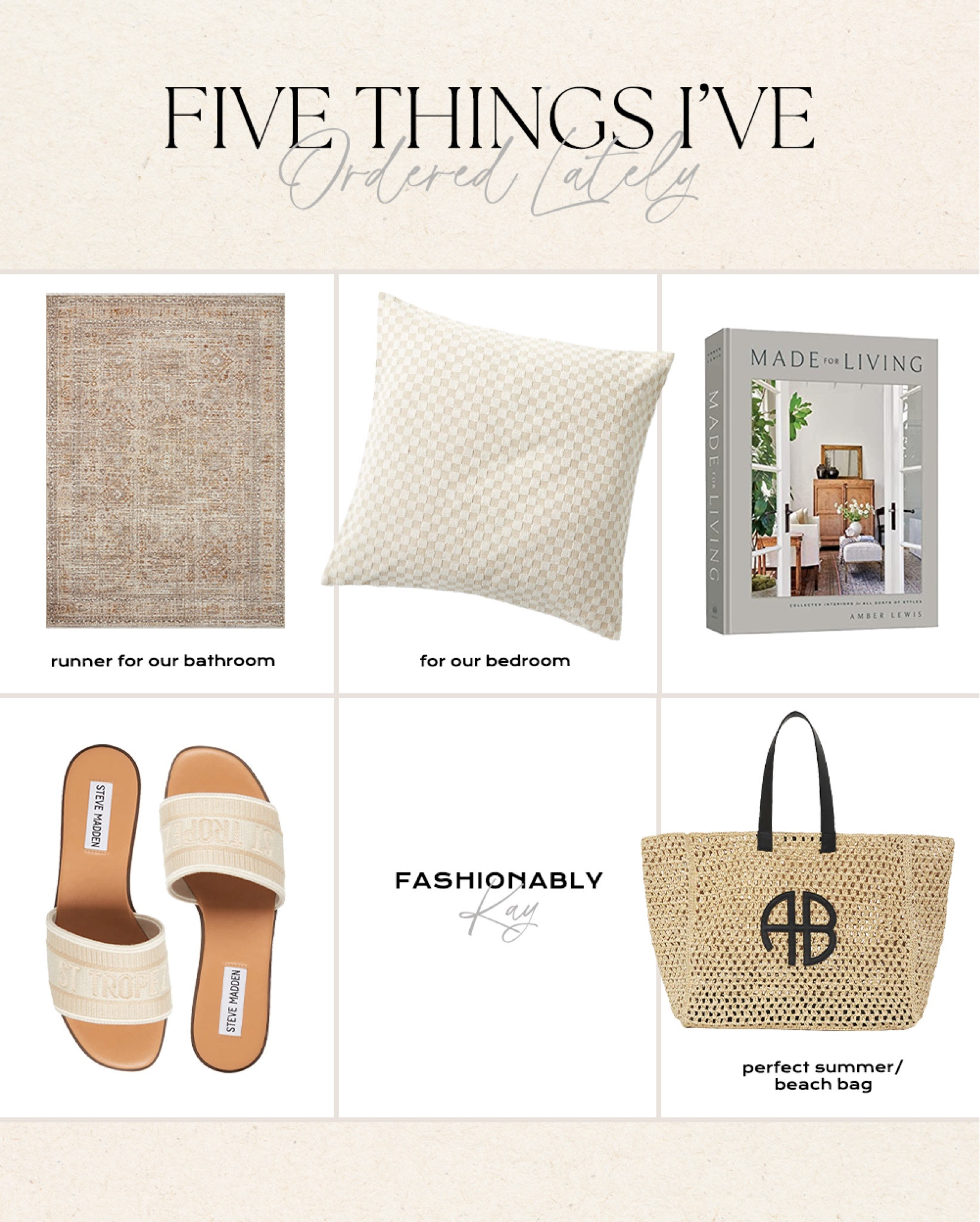 Five things I’ve ordered lately 🤍 literally dying over these checkered pillows!!! Can’t wait for them to arrive. 

Home decor, Anine bing, crate & barrel, Steve Madden, loloi rugs 