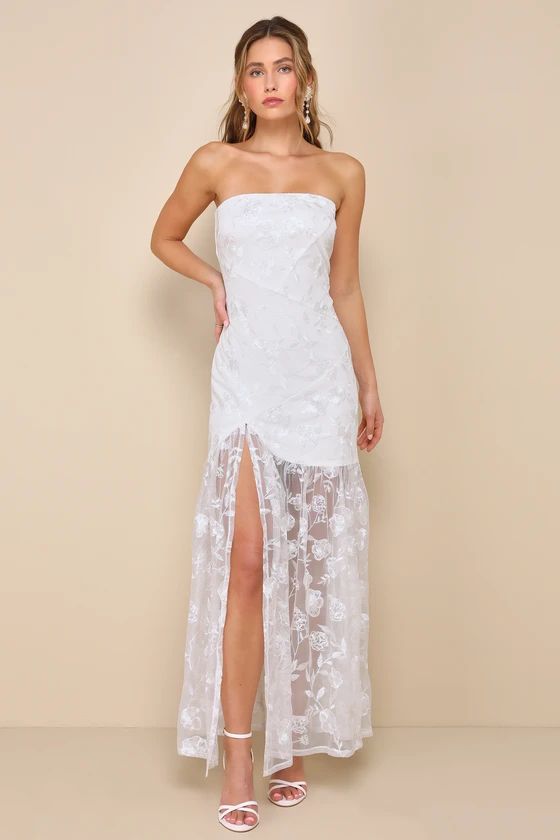 Angelic Mood White Floral Embroidered Strapless Maxi Dress | Lulus