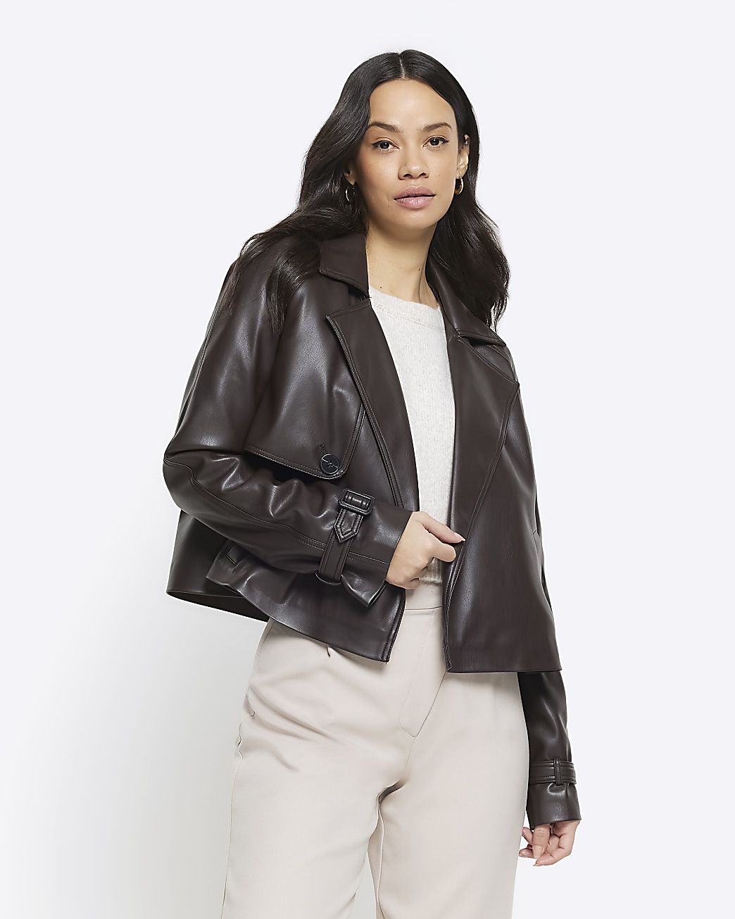 Brown cropped faux leather trench coat | River Island (US)