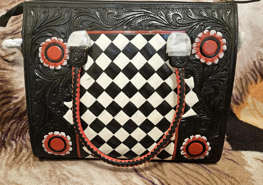 Red and white checkered leather handbag with sunflower details | Etsy (US)