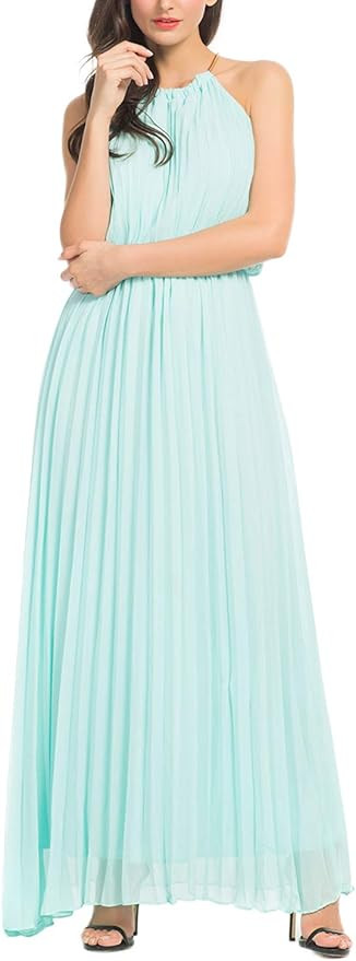PERSUN Women's Casual Chiffon Cut Out Shoulder Pleated Maxi Dress | Amazon (US)
