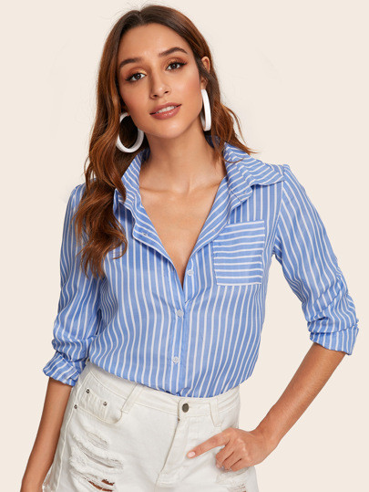 Pocket Front Striped Curved Hem Blouse | SHEIN