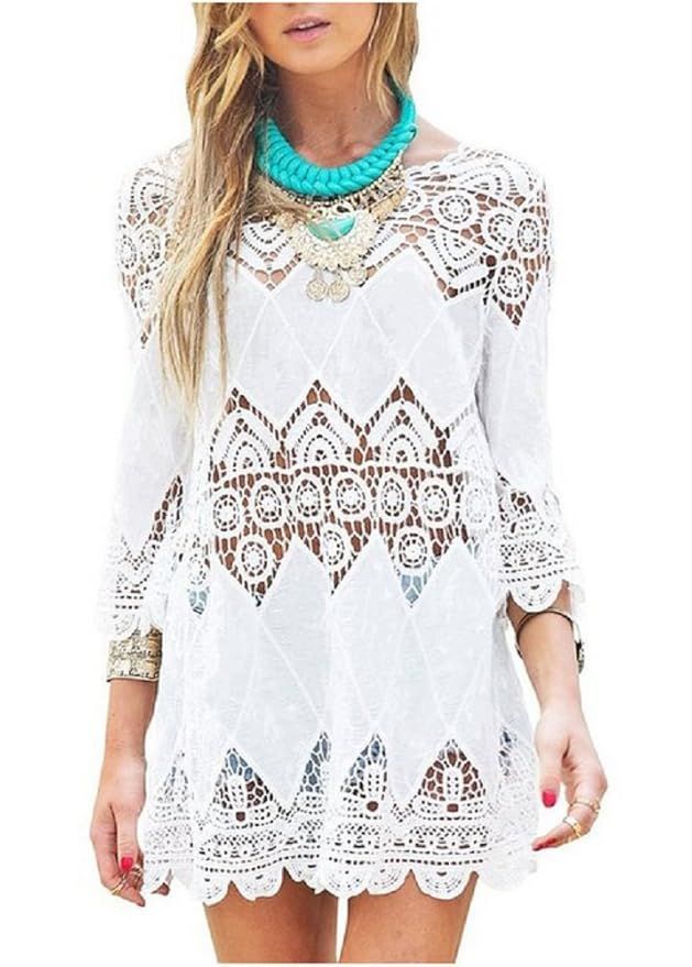 NFASHIONSO Women's Fashion Swimwear Crochet Tunic Cover Up / Beach Dress | Amazon (US)